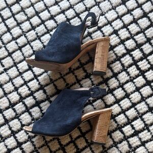 Barneys New York Black Suede Heels with Cork Block Heel